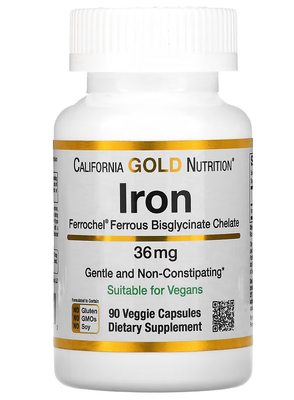 California Gold Nutrition Iron Bisglycinate 36 mg 90 капсул 43083 фото